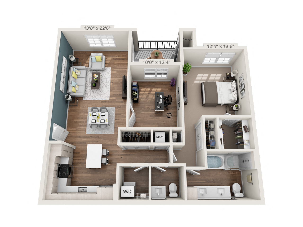 Floor plan for 1 bed, 1.5 baths, 1152 sqft